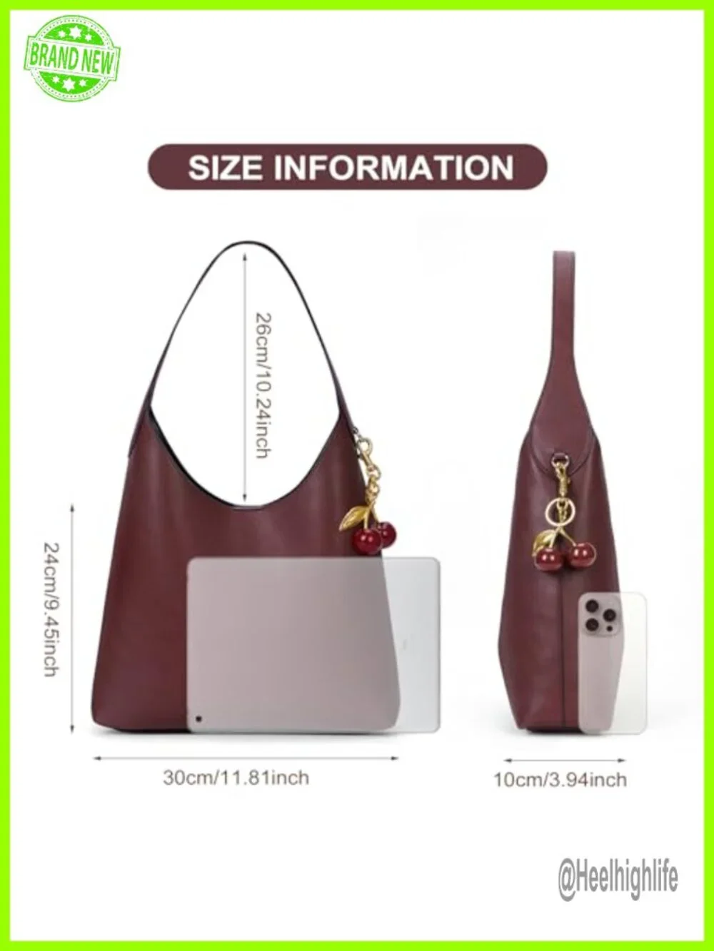 Faux Suede Hobo Bag Vegan Leather Shoulder Tote with Cherry Charm Slouchy